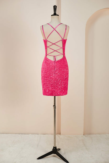 Hot Pink Sequins Sheath Deep V Neck Lace-Up Homecoming Dress