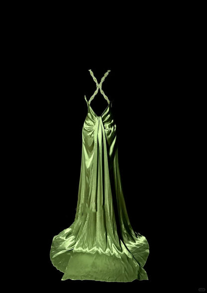 Green Retro Elegant Fashion Exquisite Beaded Shoulder Straps Long Floor Length Trailing Satin Prom Dress Evening Gown Graduation Gown gh4002