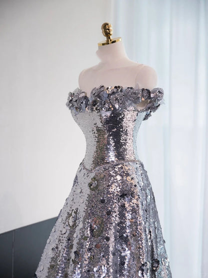 Silver gorgeous shiny long floor-length sequined ball gown evening dress graduation dress gh4550