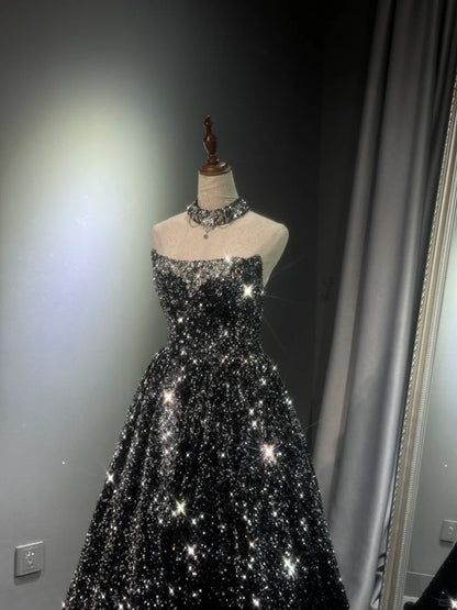 Girlhomeshops -Black silver gradient shimmering long sequined tulle ball gown evening dress gh5109