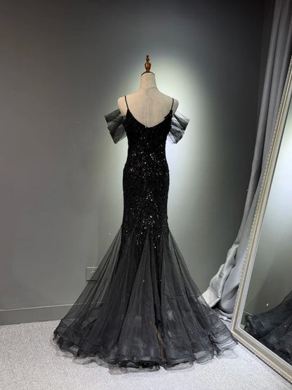 Girlhomeshops -Black shiny mermaid long sequined ball gown evening dress graduation dress gh5112