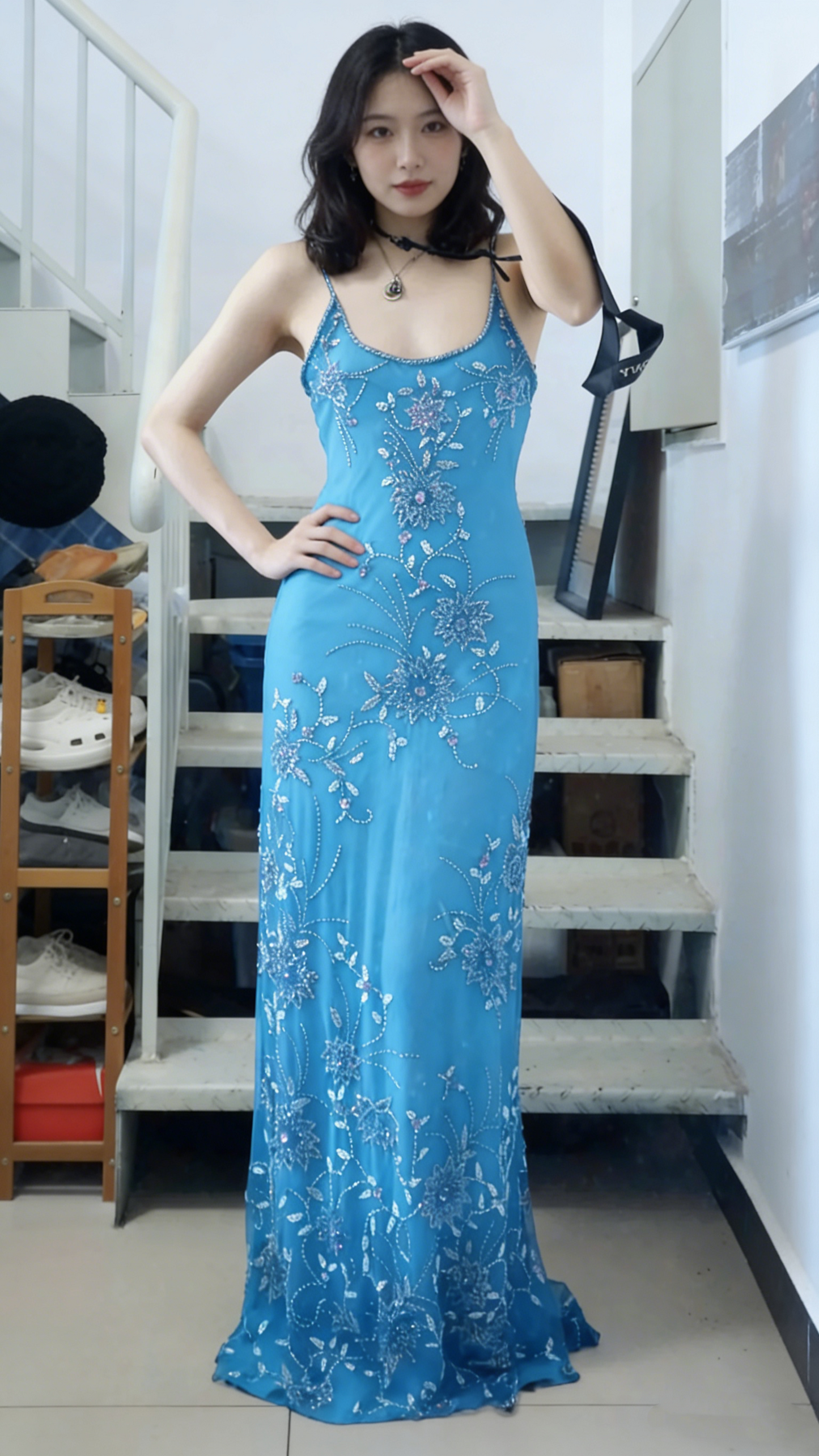 Elegant Purple U-neck Chiffon Beaded Spaghetti Strap Prom Dress P3493