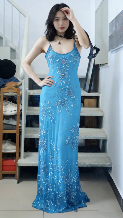 Elegant Purple U-neck Chiffon Beaded Spaghetti Strap Prom Dress P3493
