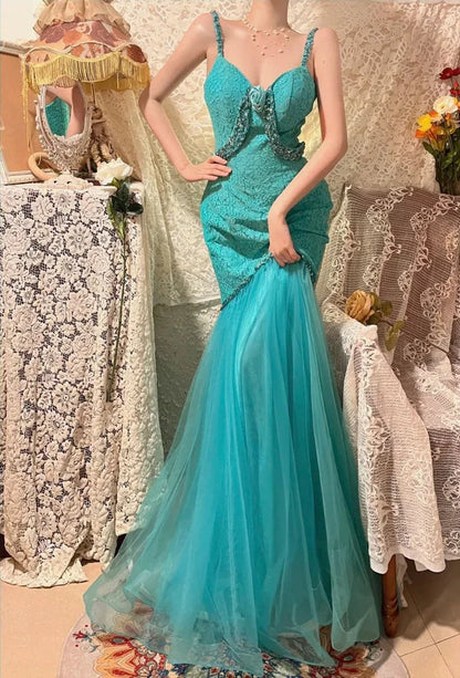 Pink Beaded Beautiful Mermaid Long lace Chiffon Ball Gown Evening Dress Party Dress gh4443
