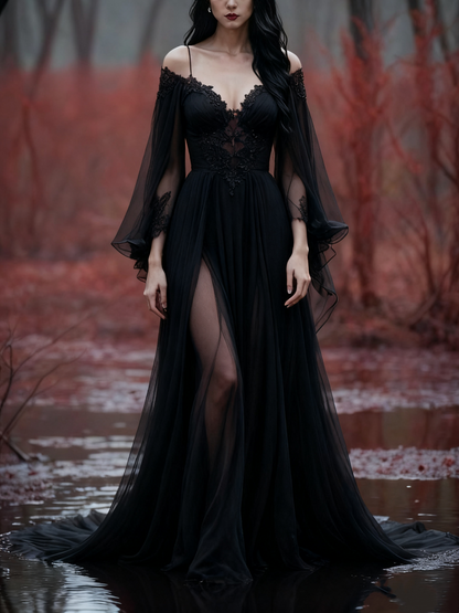 girlhomeshops-Long Sleeves Long Tulle Floor-Length Train Retro Elegant Ball Gown Evening Dress gh5943