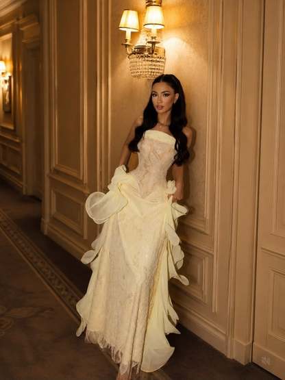 Light Yellow Strapless Waist-Cinched Elegant Skirt Prom Dress, Evening Gown gh7293