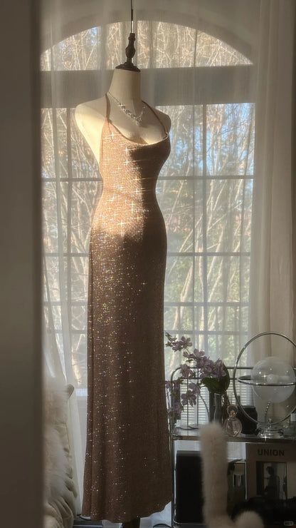 Champagne Gorgeous Shiny Exquisite Beaded Spaghetti Straps V Neck Long Sequined Chiffon Ball Gown Evening Dress Party Dress gh4095