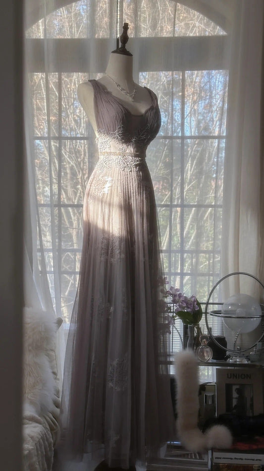 Gray Purple Romantic Fashion Elegant Exquisite Lace Floral Applique Long Tulle Fairy Ball Gown Evening Dress Birthday/Wedding Guest/Holiday Party Dress Prom Dress Valentine's Day Date Dress Bridesmaid Dress gh4031