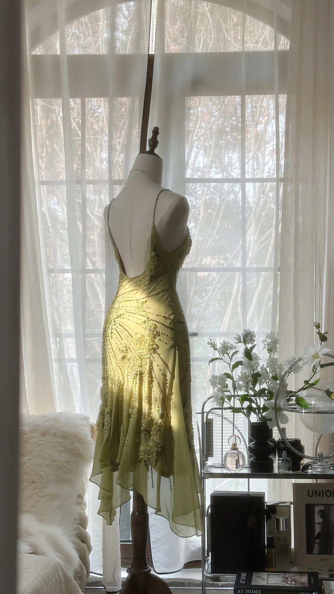 Green Romantic Fashion Elegant Delicate Floral Appliqué Beaded Spaghetti Straps Midi/Short Chiffon Ruffle Ball Gown Evening Gown Party Gown gh4060