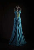 Elegant Teal Satin Spaghetti Strap Beaded Sheath Evening Gown TP5413