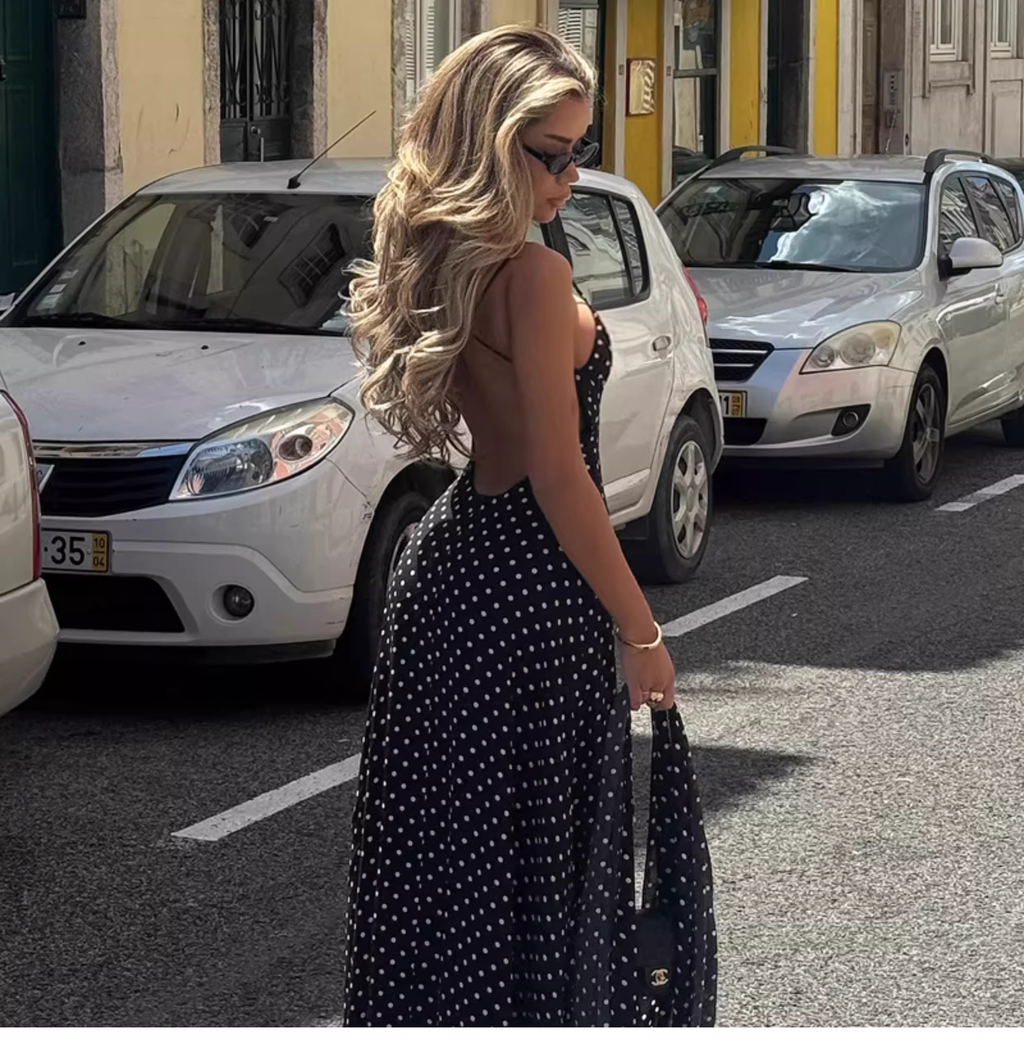 Vintage Polka Dot Spaghetti Strap Maxi Prom Dress with Neck Scarf TP5709