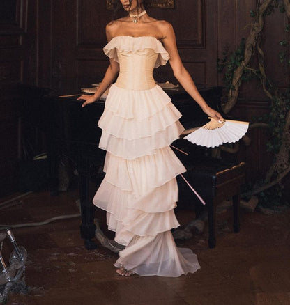 White Vintage Fashion A-line Off-shoulder Long Chiffon tulle Tiered Ruffle Ball Gown Evening Dress Party Dress Prom Dress gh3658