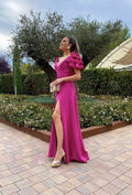 Ruffled Sleeves Prom Dresses Long V Neck Side Leg Slit Satin Gala Formal Dress