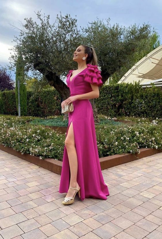 Ruffled Sleeves Prom Dresses Long V Neck Side Leg Slit Satin Gala Formal Dress