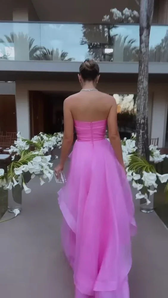 Vintage Hot Pink Strapless Long Prom Dress A-Line Ruffle Formal Dress TP4604