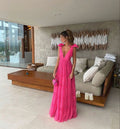 Vintage Hot Pink V-neck Prom Dress Long Pleated Evening Dress A-Line Backless Formal Dress TP4591