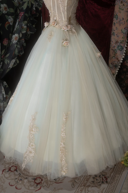 Gorgeous Mint Green Spaghetti Strap 3D Floral Appliques Ball Gown TP5792