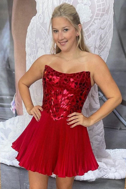 Red Cut Glass Mirror Strapless A-Line Gathered Homecoming Dress