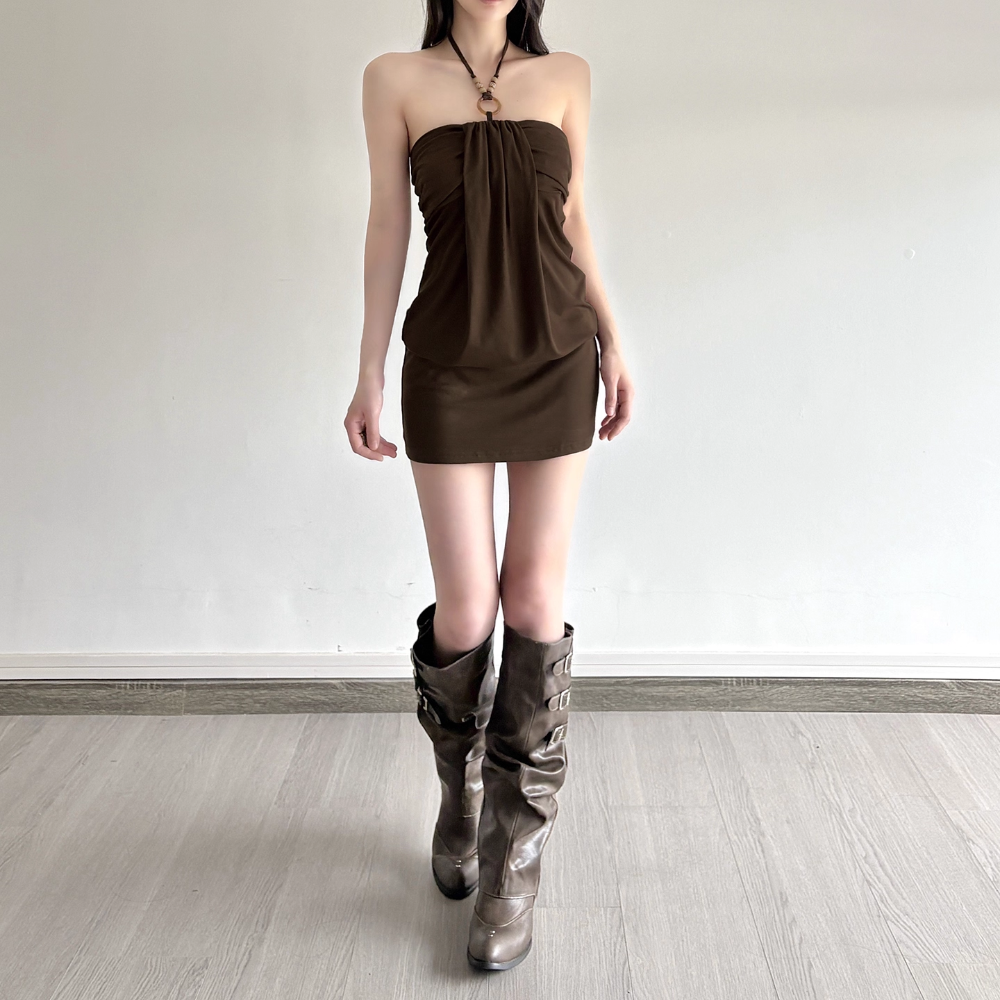 Cute Brown Halter-neck Sheath Short Summer Dresses Party Dress Homecoming Dress TP4343