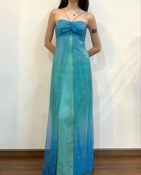 Blue shiny fashion gradient gold spray retro elegant sling long tulle prom dress evening dress party dress gh3458
