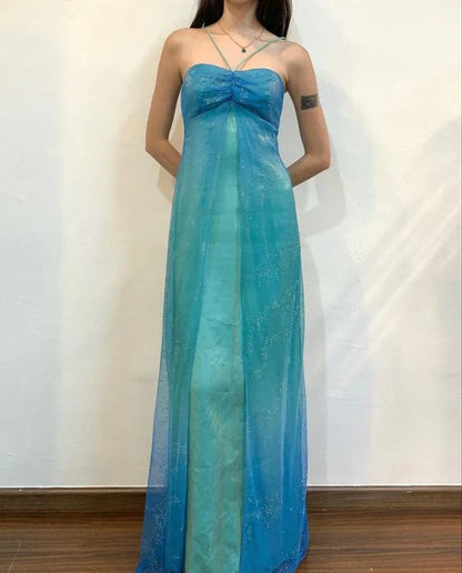 Blue shiny fashion gradient gold spray retro elegant sling long tulle prom dress evening dress party dress gh3458