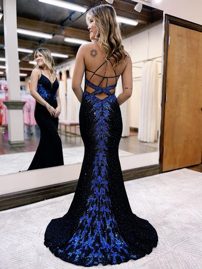 Black shiny fashion V-neck exquisite beaded spaghetti straps long sequined prom dress, evening dress, party dress gh2714