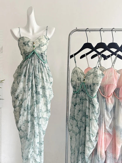 Elegant Green Strap Waist Chiffon Long Prom Dress Evening Dress P4005