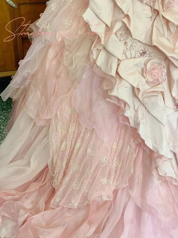 Elegant Pink 3D Flower Sweet 16 Quinceanera A-Line Floor-length Birthday Dress Ball Gown TP4421