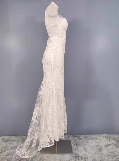 Elegant White Mermaid Spaghetti Strap Lace Slit Long Prom Dress Evening Dress P4500
