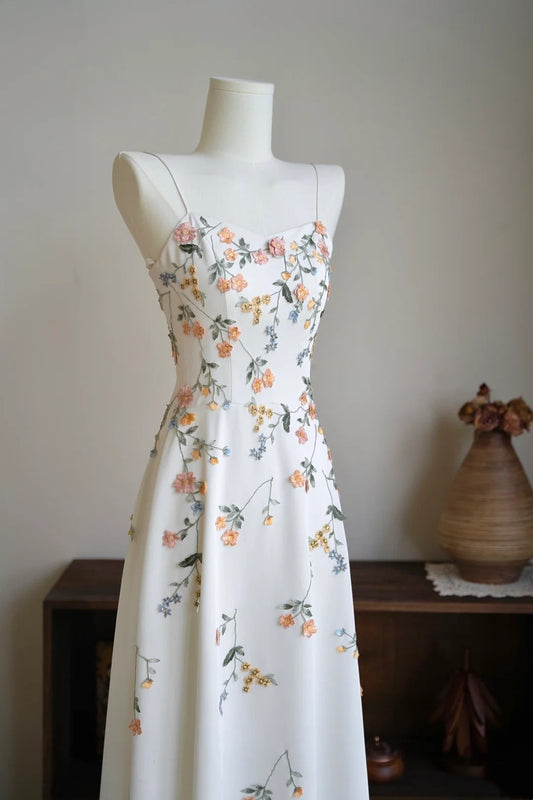 girlhomeshops- Vintage Beige Floral Spaghetti Strap Long Forest-Style Evening Gown gh6038