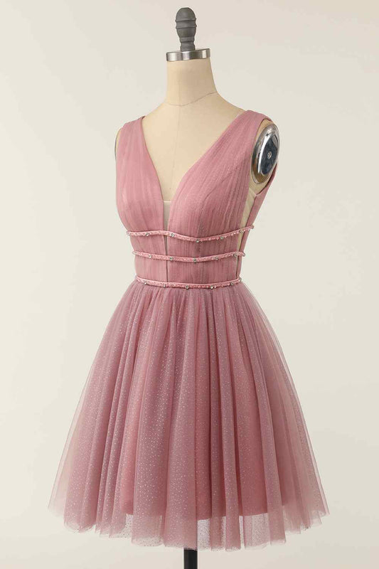 A-line V Neck Sleeveless Beaded Mini Homecoming Dress