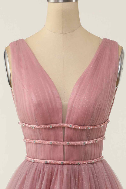 A-line V Neck Sleeveless Beaded Mini Homecoming Dress