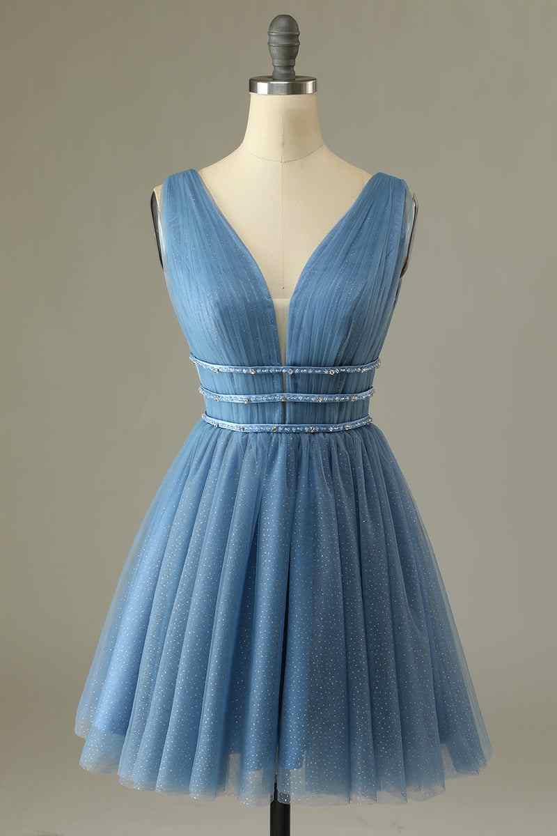 A-line V Neck Sleeveless Beaded Mini Homecoming Dress