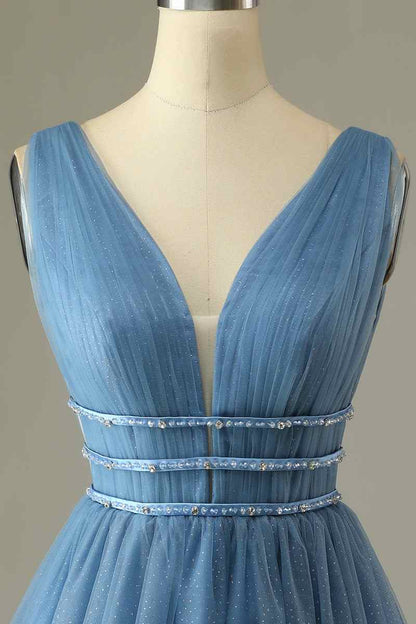 A-line V Neck Sleeveless Beaded Mini Homecoming Dress