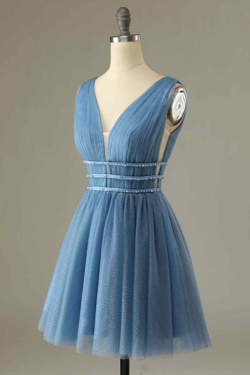 A-line V Neck Sleeveless Beaded Mini Homecoming Dress