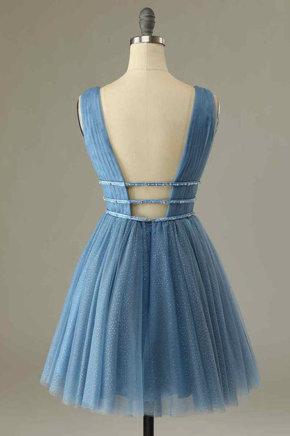 A-line V Neck Sleeveless Beaded Mini Homecoming Dress