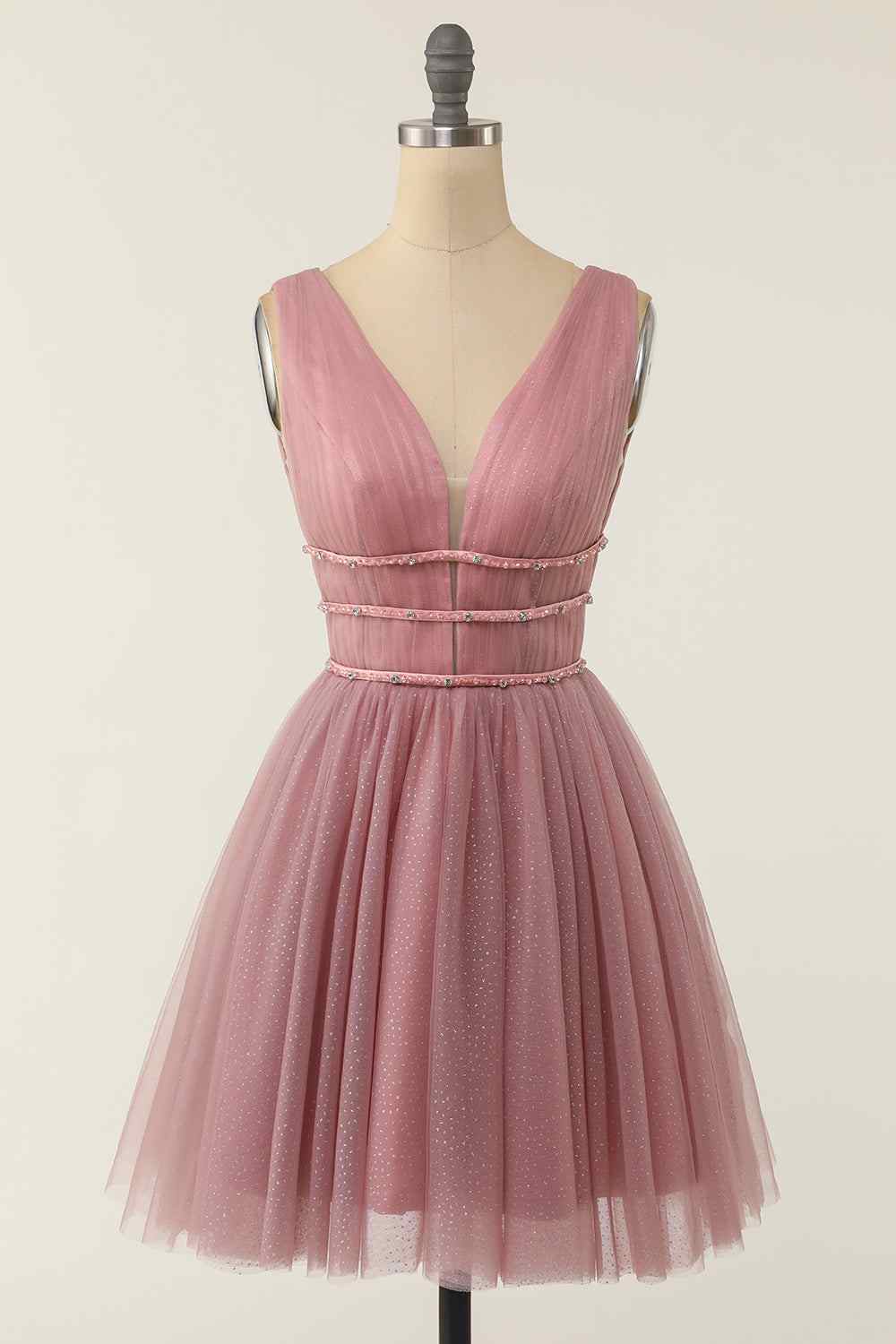 A-line V Neck Sleeveless Beaded Mini Homecoming Dress