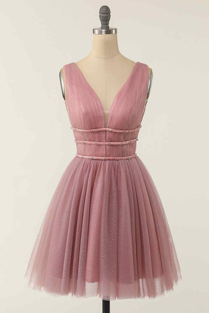 A-line V Neck Sleeveless Beaded Mini Homecoming Dress