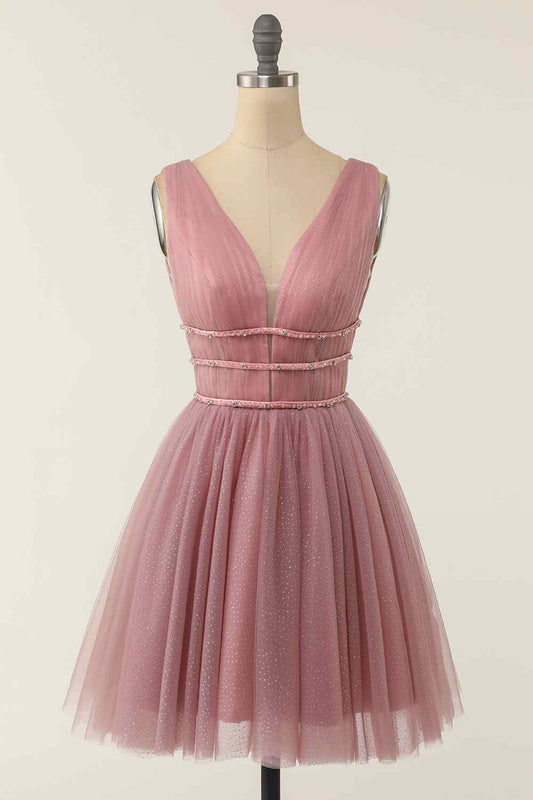A-line V Neck Sleeveless Beaded Mini Homecoming Dress