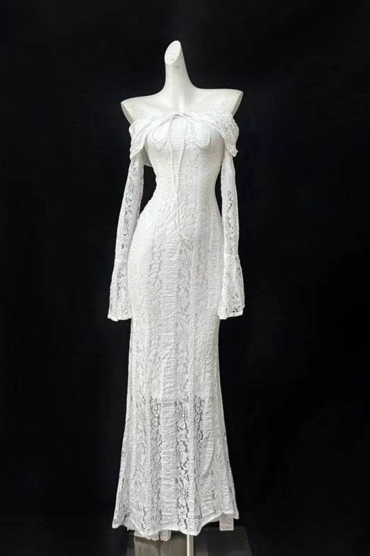 Girlhomeshops--White moonlight lace one-shoulder long prom dress gh5476