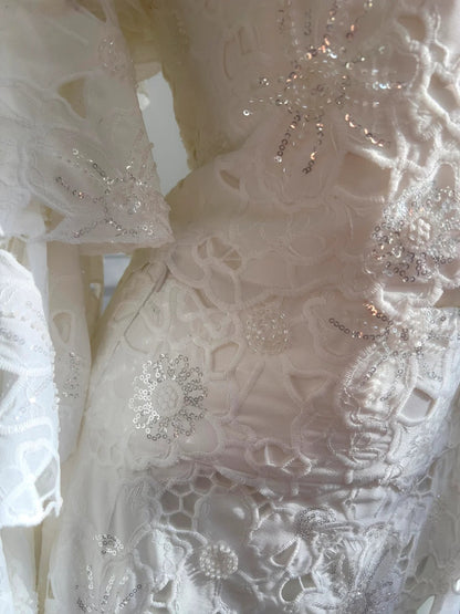 Elegant White Mermaid Strapless Off-the-shoulder Lace Long Prom Dress Evening Dress P4051