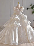 Elegant Puff Sleeve Wedding Dress Romantic Satin Ruffles Sequin Bridal Gown TP5078
