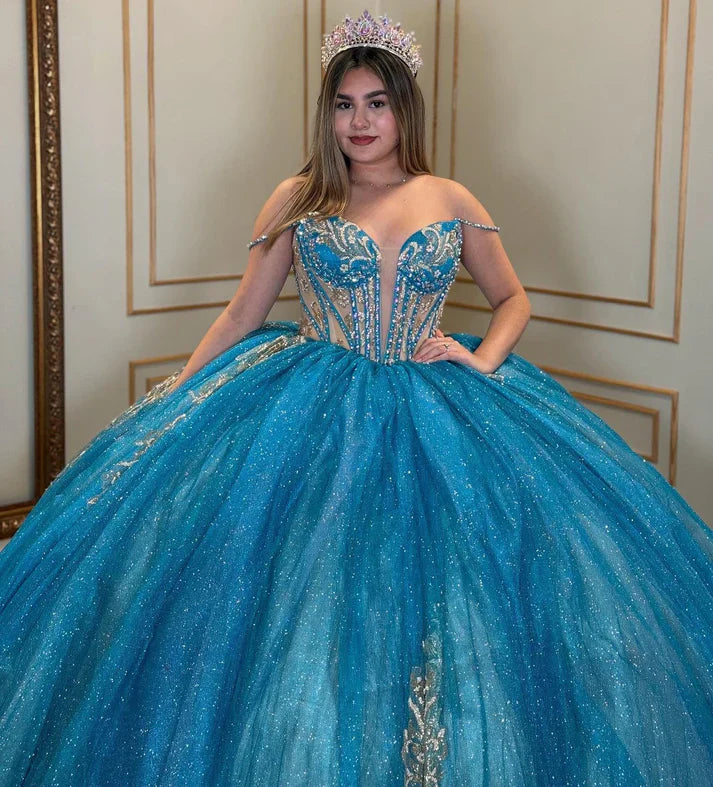 Glamorous Blue Glitter Tulle Off-the-Shoulder Beaded Gold Embroidered Hem Sweet 15 Quinceanera Ball Gown TP5441