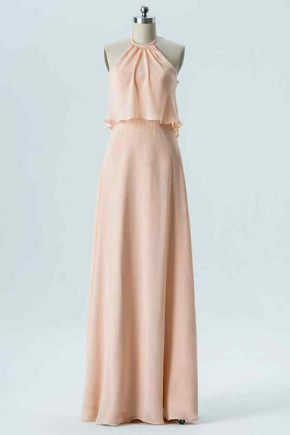Pearl Pink A-line Halter Crepe Chiffon Long Bridesmaid Dress