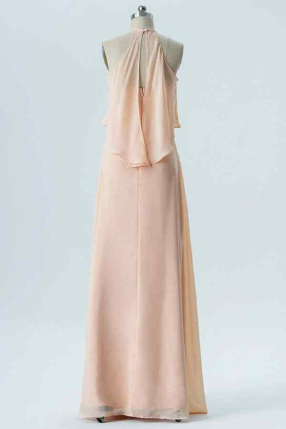 Pearl Pink A-line Halter Crepe Chiffon Long Bridesmaid Dress