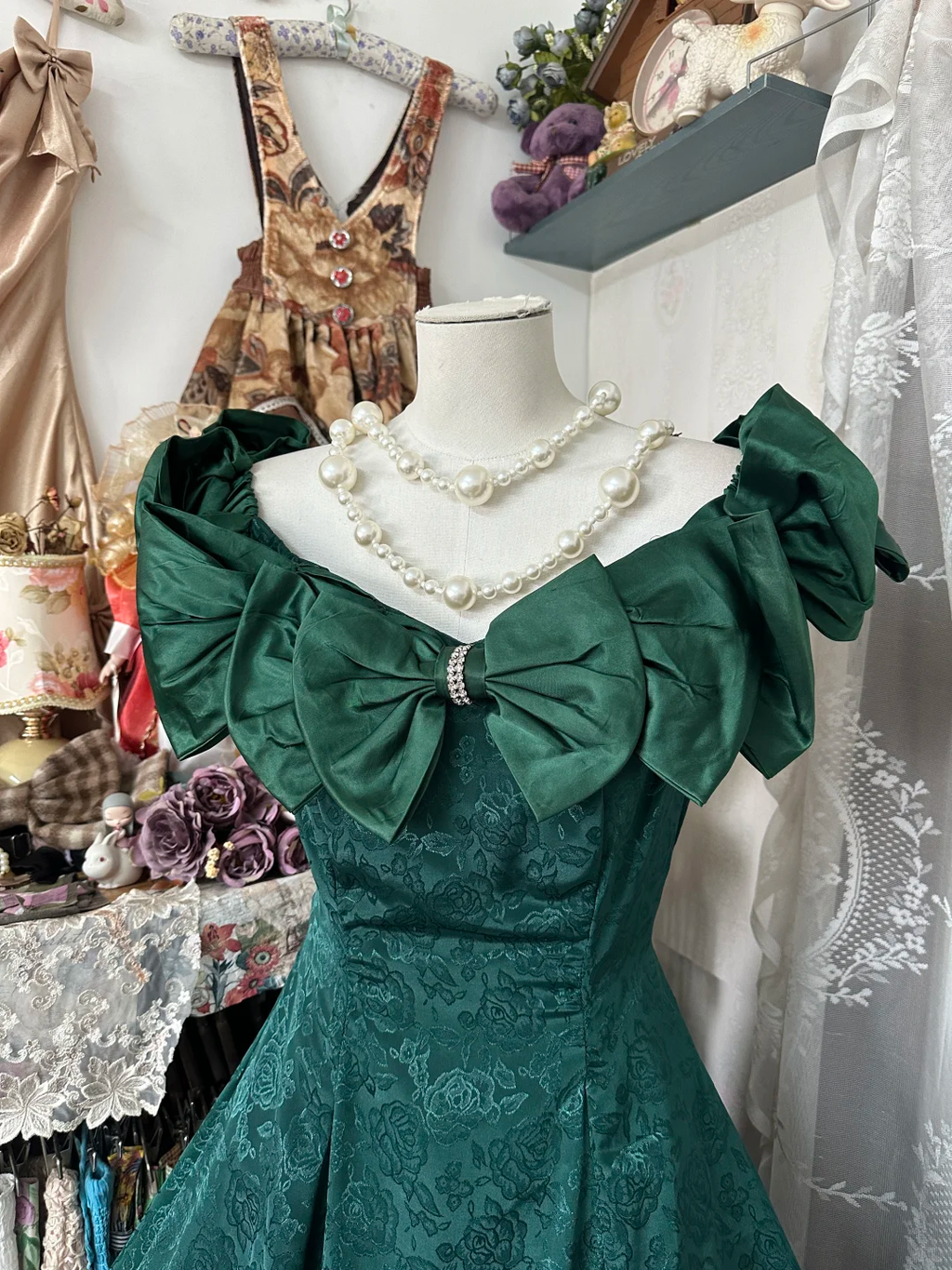 Vintage Dark Green Off-the-shoulder Irregular Hem Design A-Line Applique Prom Dress Evening Dress TP4208