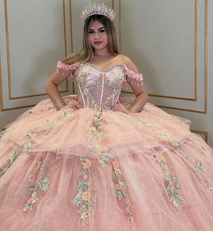Glamorous Pink Glitter Tulle Off-the-Shoulder Floral Embroidery Tiered Sweet 15 Quinceanera Ball Gown TP5439