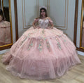 Glamorous Pink Glitter Tulle Off-the-Shoulder Floral Embroidery Tiered Sweet 15 Quinceanera Ball Gown TP5439