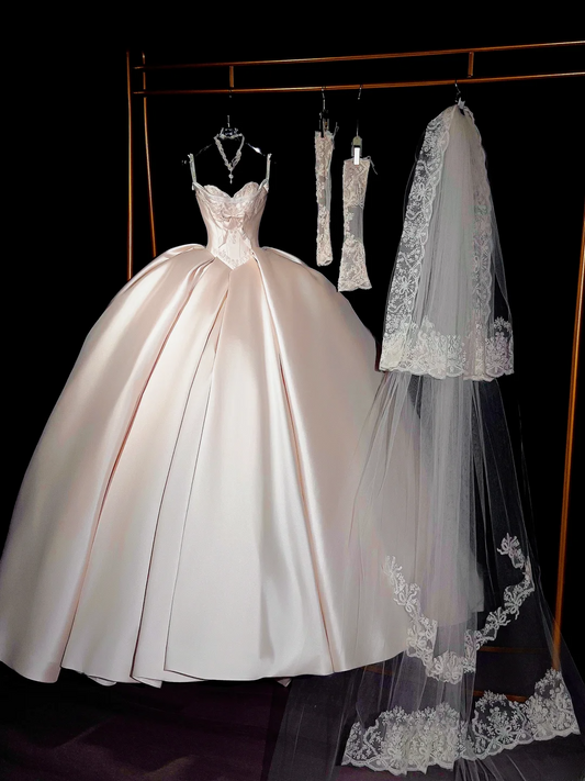 Gorgeous Champagne Beaded Spaghetti Strap Sweetheart A-Line Satin Long Wedding Dress TP5049