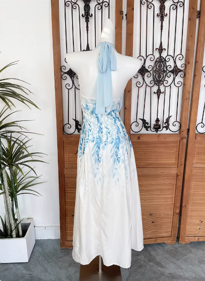 Fresh Printed A-line Halter Neck Satin Long Prom Dress Evening Dress P4529